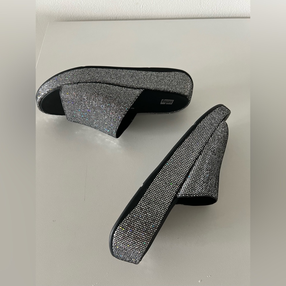 FitFlop F-Mode Glitterball Flatform Slides Silver Sandals US9